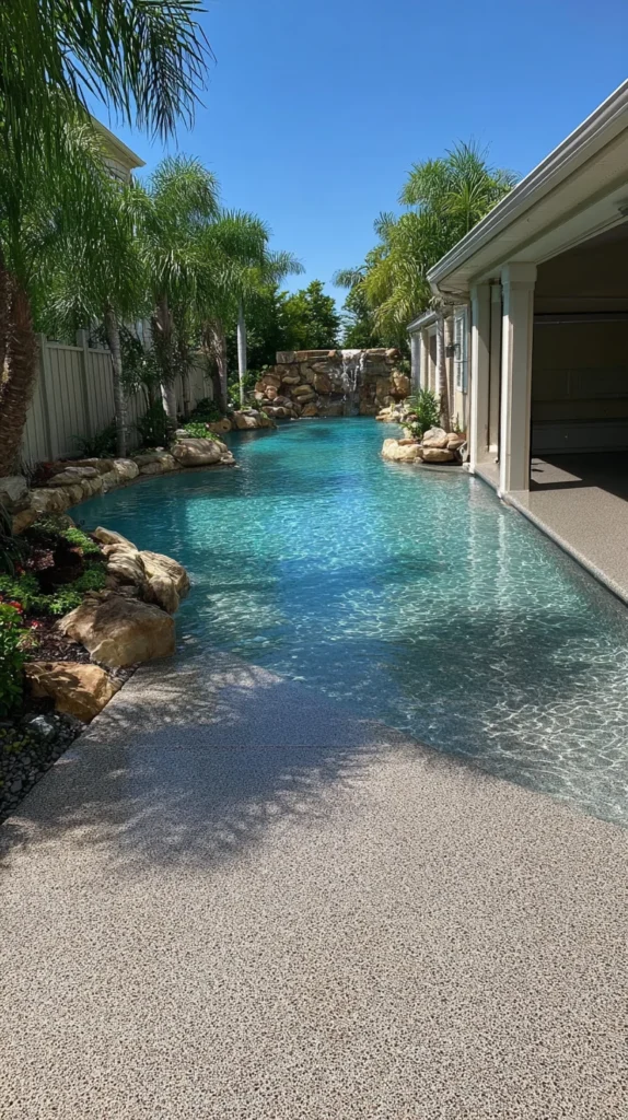 Beautiful Pensacola backyard with pool and coated patio surface, promoting free epoxy and concrete coating quotes by Fortress Floor Coatings.